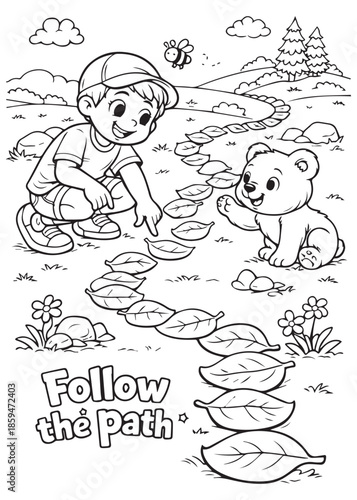 coloring book child following a leaf path together with honey bear