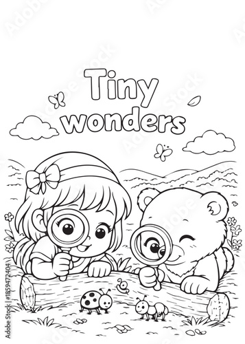 coloring book girl exploring tiny wonders using magnifier with honey bear