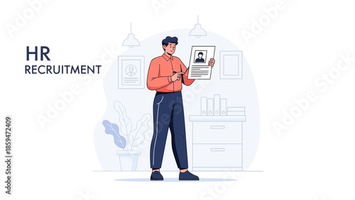 Modern HR Recruitment Process Illustration Featuring a Man Holding a Digital Resume