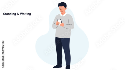 Modern illustration of a man standing and waiting while using a smartphone in casual attire