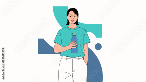 Minimalist Illustration of a Woman Holding a Water Bottle in Front of Abstract Geometric Background