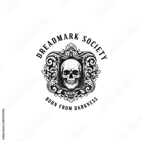 Ornate Baroque Skull Crest Logo with Vintage Frame – Ideal for Fashion Brand, Secret Society Concept, Gothic Apparel, Tattoo Studio, and Dark Luxury Identity