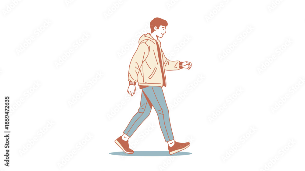 Fototapeta premium Minimalist Illustration of a Young Man Walking with Casual Clothing and Backpack