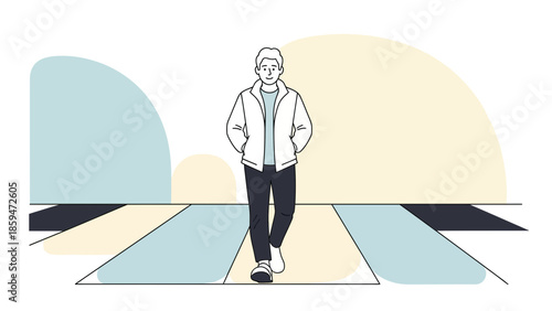 Minimalist Illustration of a Young Man Walking Outdoors Against a Bright Sky