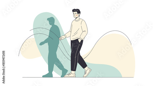 Minimalist Illustration of a Young Man Walking with a Unique Shadow Effect on a Scenic Background