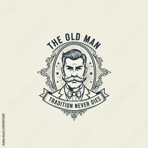 Classic Ornamental Gentleman Emblem Logo with Mustache, Ideal for Premium Barber Shop, Whiskey Brand, Tailor Studio, and Luxury Men’s Products