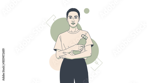 Minimalist Illustration of a Young Woman Holding a Water Bottle with Abstract Background Elements