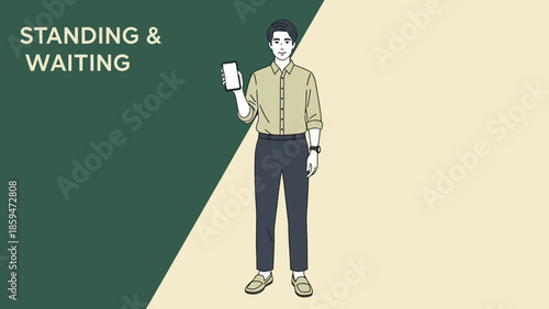Minimalistic Illustration of a Young Man Standing and Waiting with a Mobile Phone in Hand