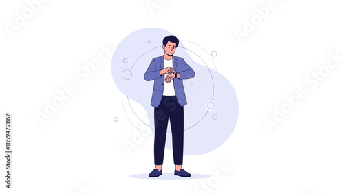 Modern Businessman Checking Time on Wristwatch with Digital and Futuristic Background Elements