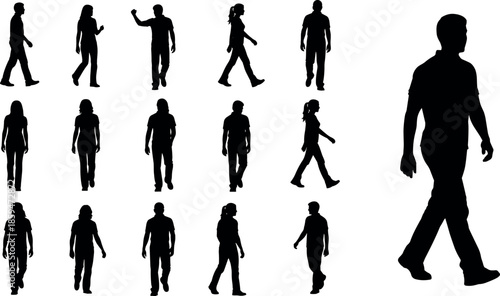 Set of silhouette men and women walking in various poses isolated on white background group of people moving forward together