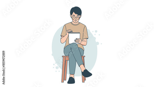 Modern digital nomad woman using tablet sitting on wooden chair in casual attire