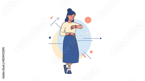 Modern digital woman checking her smartwatch in minimalist background illustrating technology and