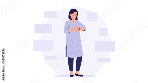 Modern female character in casual attire using a smartwatch showcasing technology and fashion