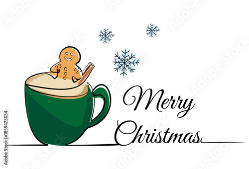 Merry Christmas Coffee Cup with Gingerbread Man Line Art