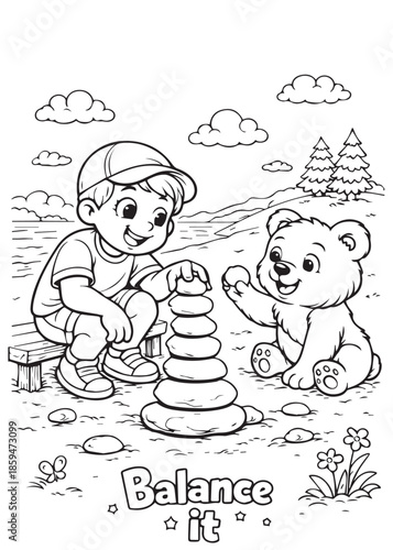 coloring book child stacking stones carefully to balance it with honey bear