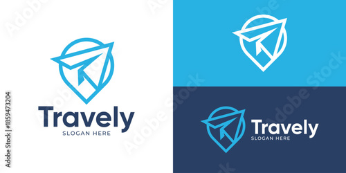 Creative simple travel logo template. Pin map location with airplane for Travel agent logo design vector illustration.