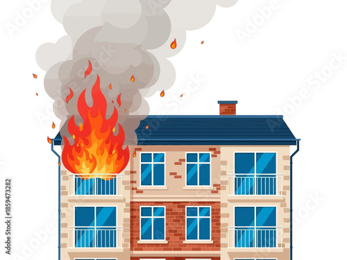 Apartment Building Fire Emergency Vector Illustration