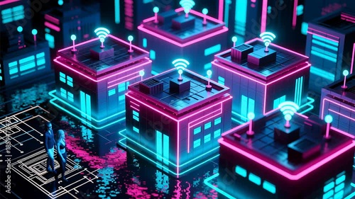 Isometric Smart City With Glowing Neon Wifi Icons