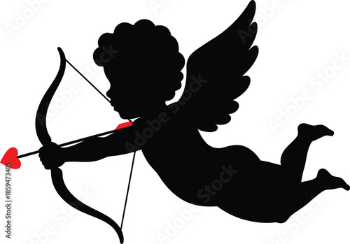 Cupid Angel Silhouette Shooting Heart Arrow, Love and Valentine Symbol Design