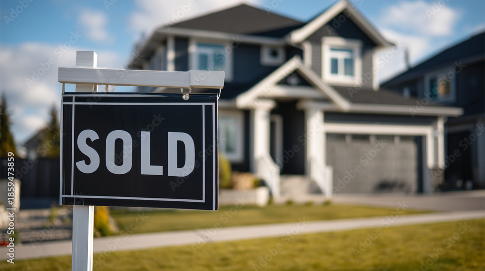Obraz premium A black and white SOLD sign stands in the front yard of a large suburban home with a gray exterior and white trim under a blue sky with clouds