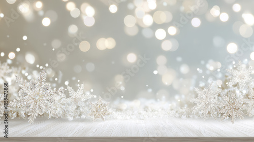 Elegant Christmas Background with Snowflakes and Bokeh Lights on Pastel Tabletop, Perfect for Holiday Promotions and Invitations