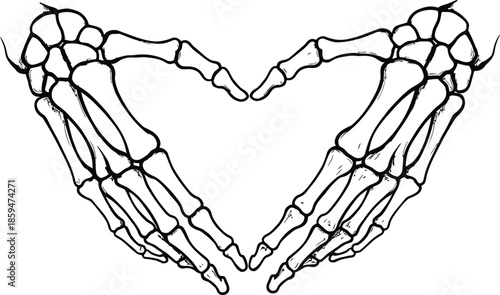 Skeleton Hands Forming Heart Shape, Gothic Love Symbol Line Art Illustration