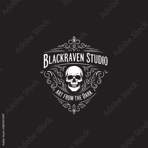 Vintage Gothic Skull Emblem Logo with Ornamental Frame – Perfect for Tattoo Studio, Dark Art Brand, Clothing, and Creative Studio Identity