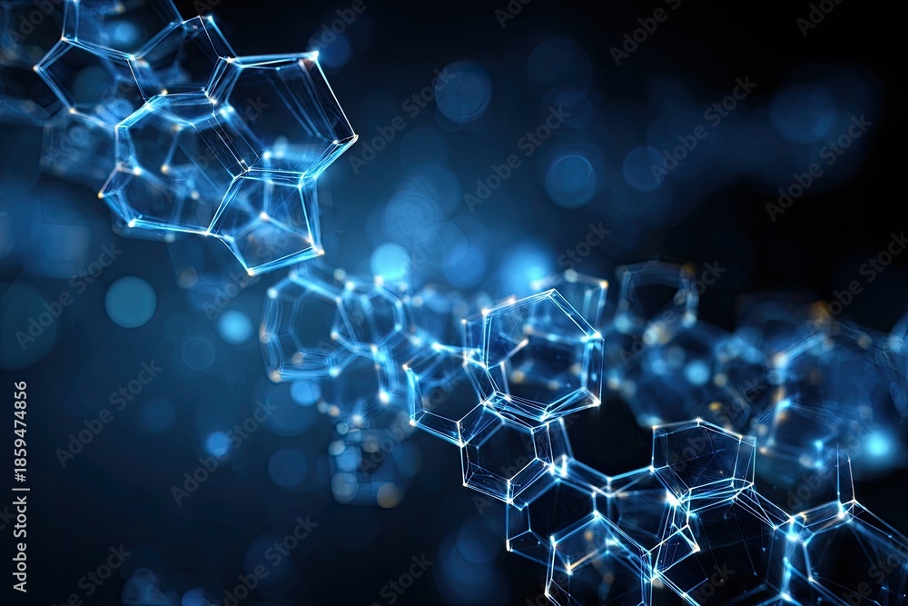 Fototapeta premium Abstract glowing blue honeycomb-like structure against a dark background with bokeh effect