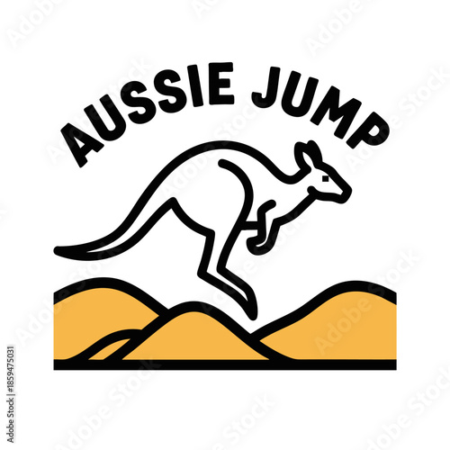 Aussie Jump kangaroo leaping over golden mountains Australia Day celebration badge design