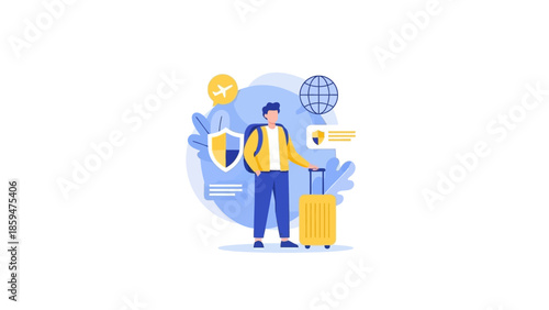 young man with luggage traveling amid global and aviation icons