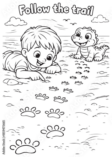 coloring book boy following animal tracks with baby crocodile outdoors