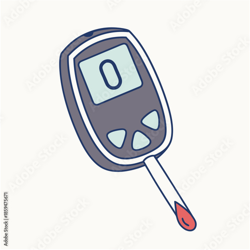 Blood glucose meter with test strip showing zero reading. Diabetes monitoring medical device.