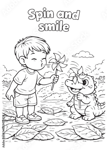 coloring book boy spinning pinwheel with baby crocodile smiling together