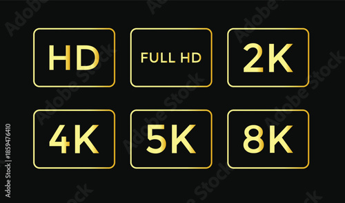 Video resolutions icon.  Screen quality symbols. HD 4K 8K graphic design. Display dimension and playback signs. High definition symbols

