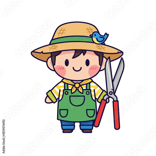 Adorable cartoon child gardener with straw hat and bird companion holding