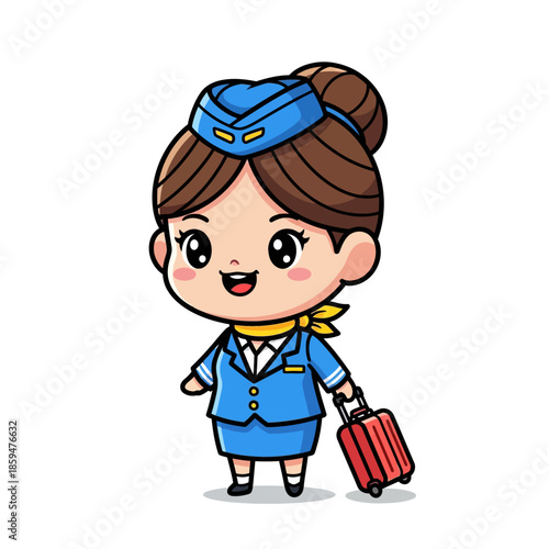 Charming Cartoon Air Hostess With Utensil and Suitcase in Bright Uniform