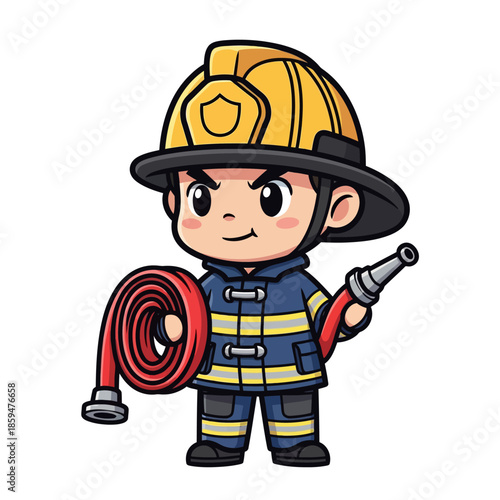 Cute firefighter cartoon character with helmet and hose holding fire equipment