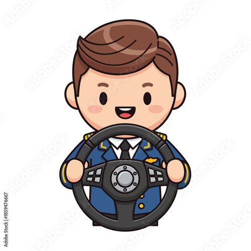 Charming cartoon pilot character holding a steering wheel with cheerful