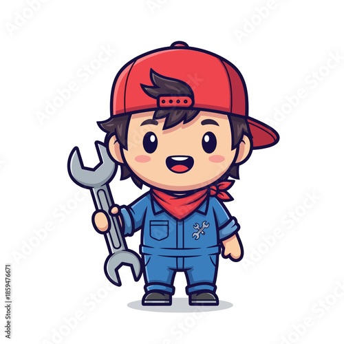 Charming cartoon mechanic boy with a wrench and red cap wearing work overalls
