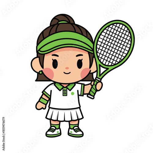 Cute animated girl tennis player with brown hair and green headband engaging