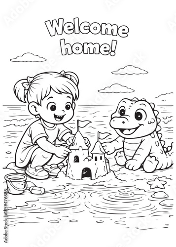 coloring book girl building sand home with baby crocodile welcome scene