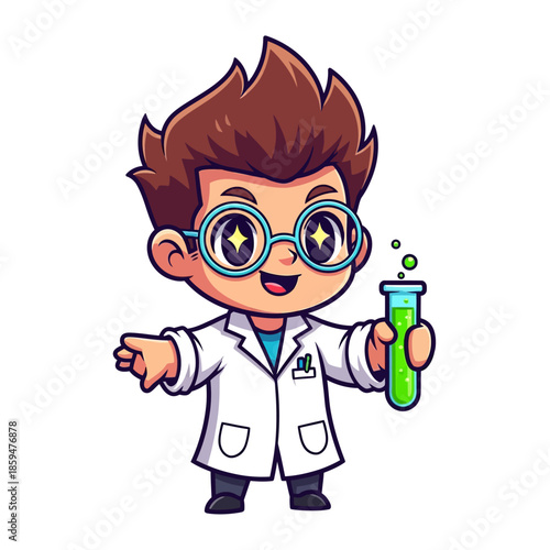 Adorable cartoon scientist boy with glasses conducting a colorful experiment
