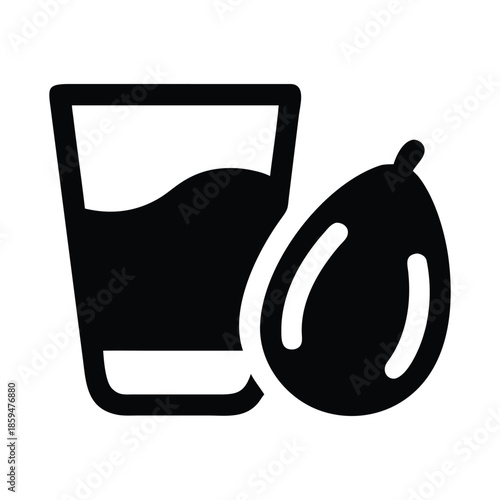 A simple black and white illustration depicts a glass of liquid with a lemon nearby