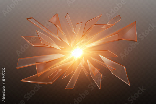 Explosion of glass shards with glowing lights and flashes.