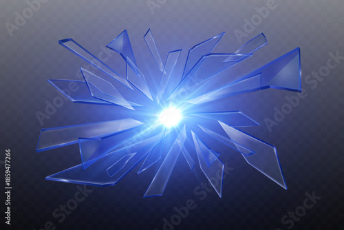 Glass shards explosion with glowing light burst.
