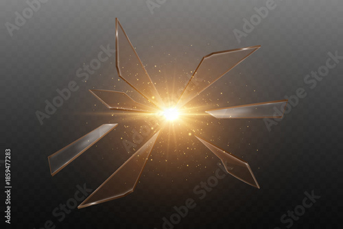 Explosion of glass shards with glowing lights and flashes.