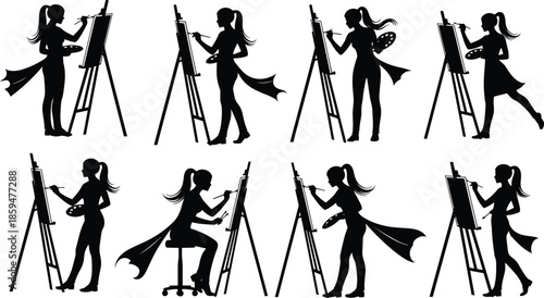 Female artist painting silhouette set showing creative woman working on easel with brush and palette isolated black and white vector illustration