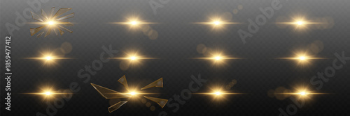 Realistic golden light flares with sparkle effect.