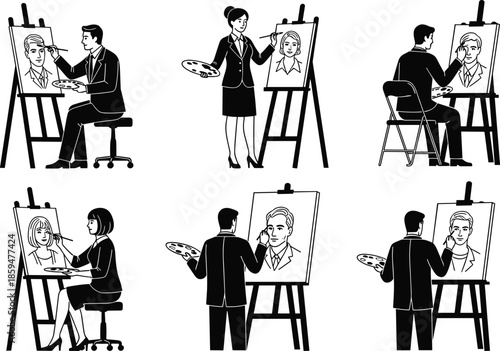 Professional artists painting portraits on easels illustration set depicting creative studio workflow isolated black and white vector design collection concept