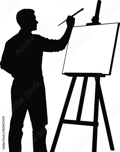 Artist painting on canvas silhouette illustration showing creative process easel brush studio art isolated black and white vector design concept